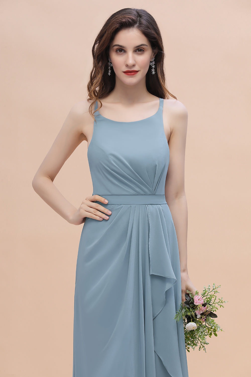 Gorgeous A-Line Straps Dusty Blue Chiffon Bridesmaid Dress with Ruffles On Sale-Babyonlines