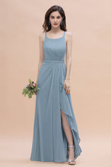 Gorgeous A-Line Straps Dusty Blue Chiffon Bridesmaid Dress with Ruffles On Sale-Babyonlines