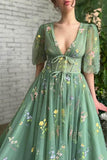 Gorgeous Deep V-Neck Evening Dress Half Sleeves with Embroidery Flowers and Tulle