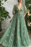 Gorgeous Deep V-Neck Evening Dress Half Sleeves with Embroidery Flowers and Tulle