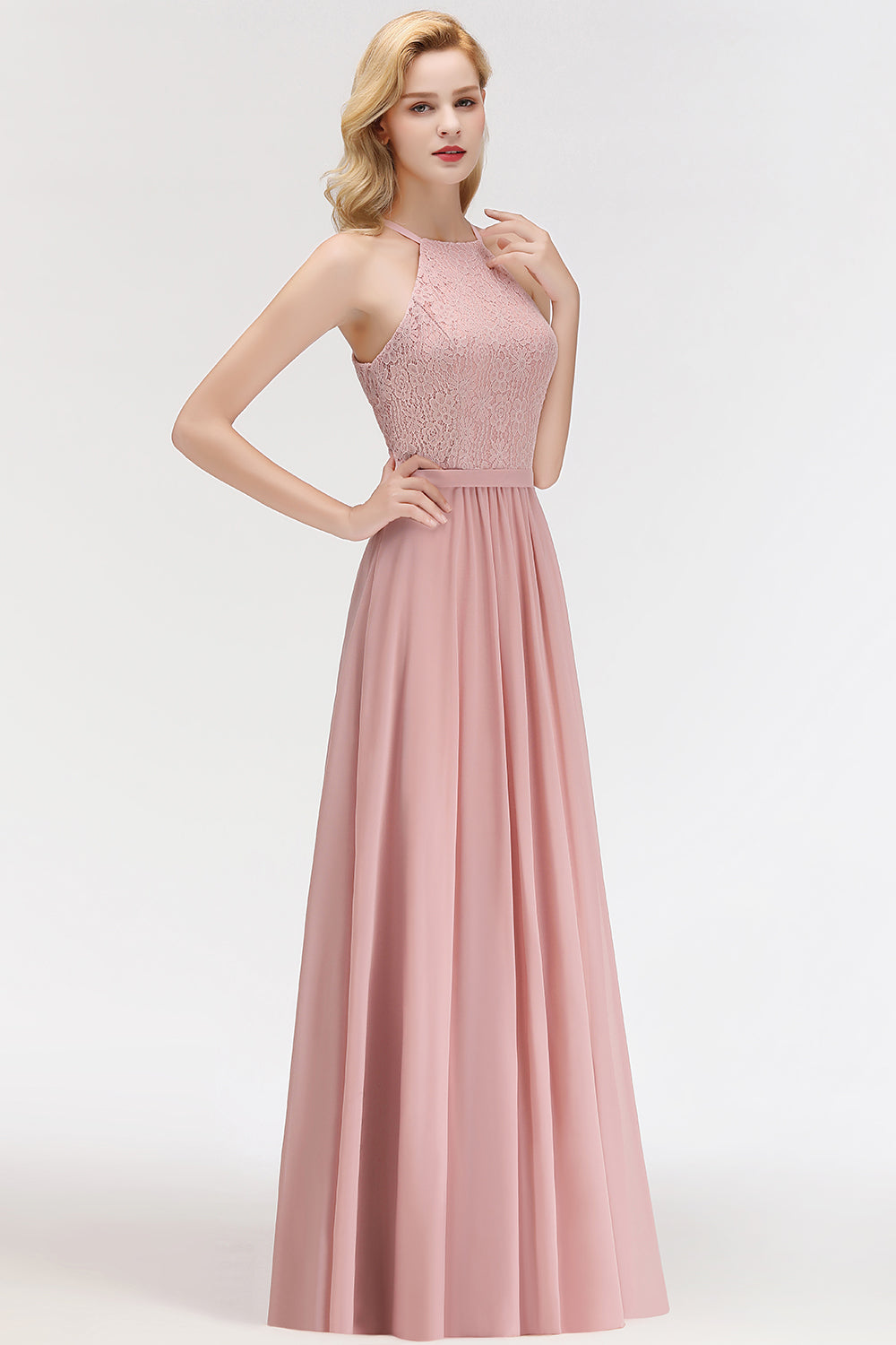 Gorgeous High-Neck Halter Lace Affordable Bridesmaid Dress with Ruffle-Babyonlines