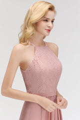 Gorgeous High-Neck Halter Lace Affordable Bridesmaid Dress with Ruffle-Babyonlines