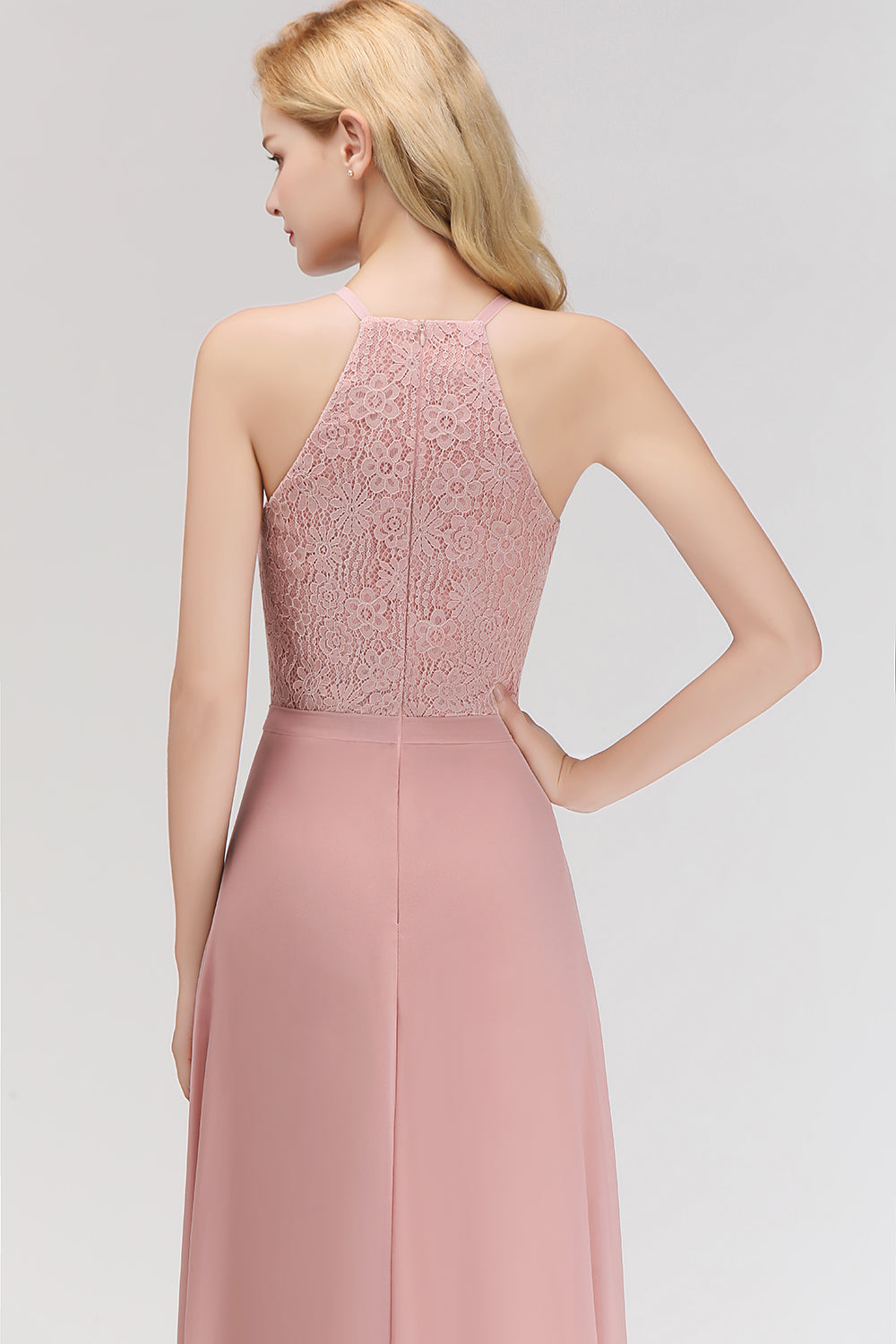 Gorgeous High-Neck Halter Lace Affordable Bridesmaid Dress with Ruffle-Babyonlines