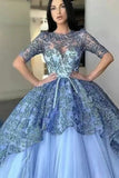 Gorgeous Jewel Half Sleeves Ball Gown Lace Evening Dress with Tulle Appliques