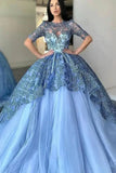 Gorgeous Jewel Half Sleeves Ball Gown Lace Evening Dress with Tulle Appliques