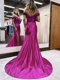 Gorgeous Off-the-shoulder Satin Prom Dress with Sheath/Column Sweep Train and Appliques Lace