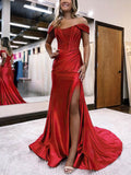 Gorgeous Off-the-shoulder Satin Prom Dress with Sheath/Column Sweep Train and Appliques Lace