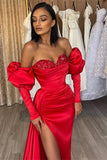 Gorgeous Red Evening Dress Prom Dress Off-the-Shoulder Half-Sleeves with Sequins and Slit