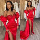 Gorgeous Red Evening Dress Prom Dress Off-the-Shoulder Half-Sleeves with Sequins and Slit