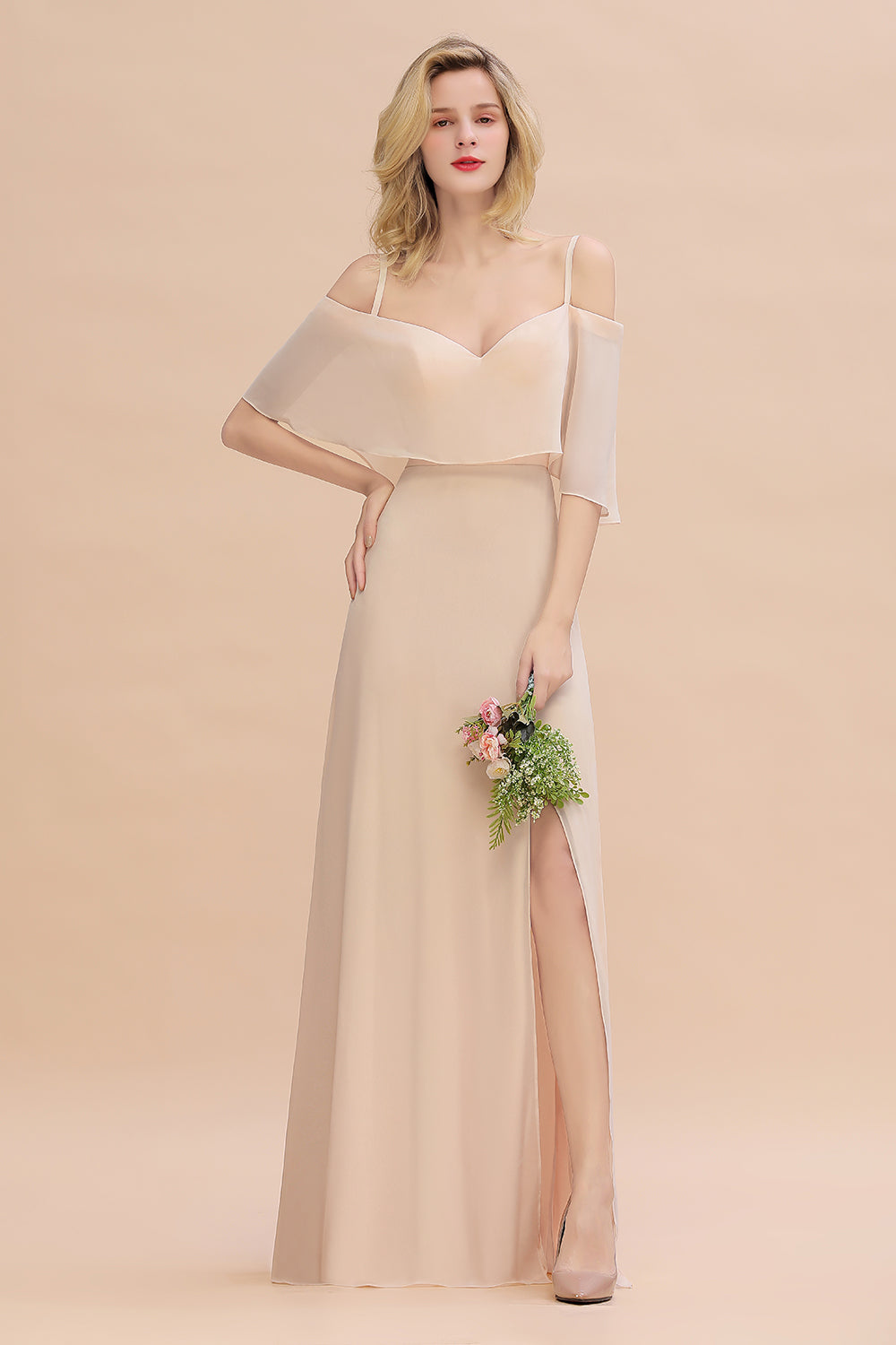 Gorgeous Spaghetti Straps Flounced Crinkle Affordable Bridesmaid Dresses with Slit-Babyonlines