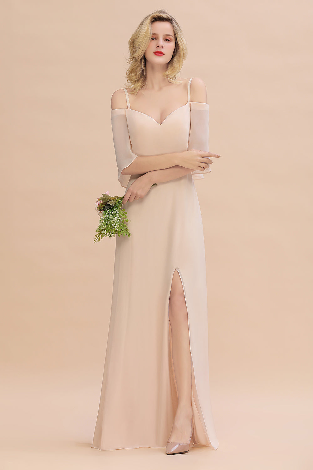 Gorgeous Spaghetti Straps Flounced Crinkle Affordable Bridesmaid Dresses with Slit-Babyonlines