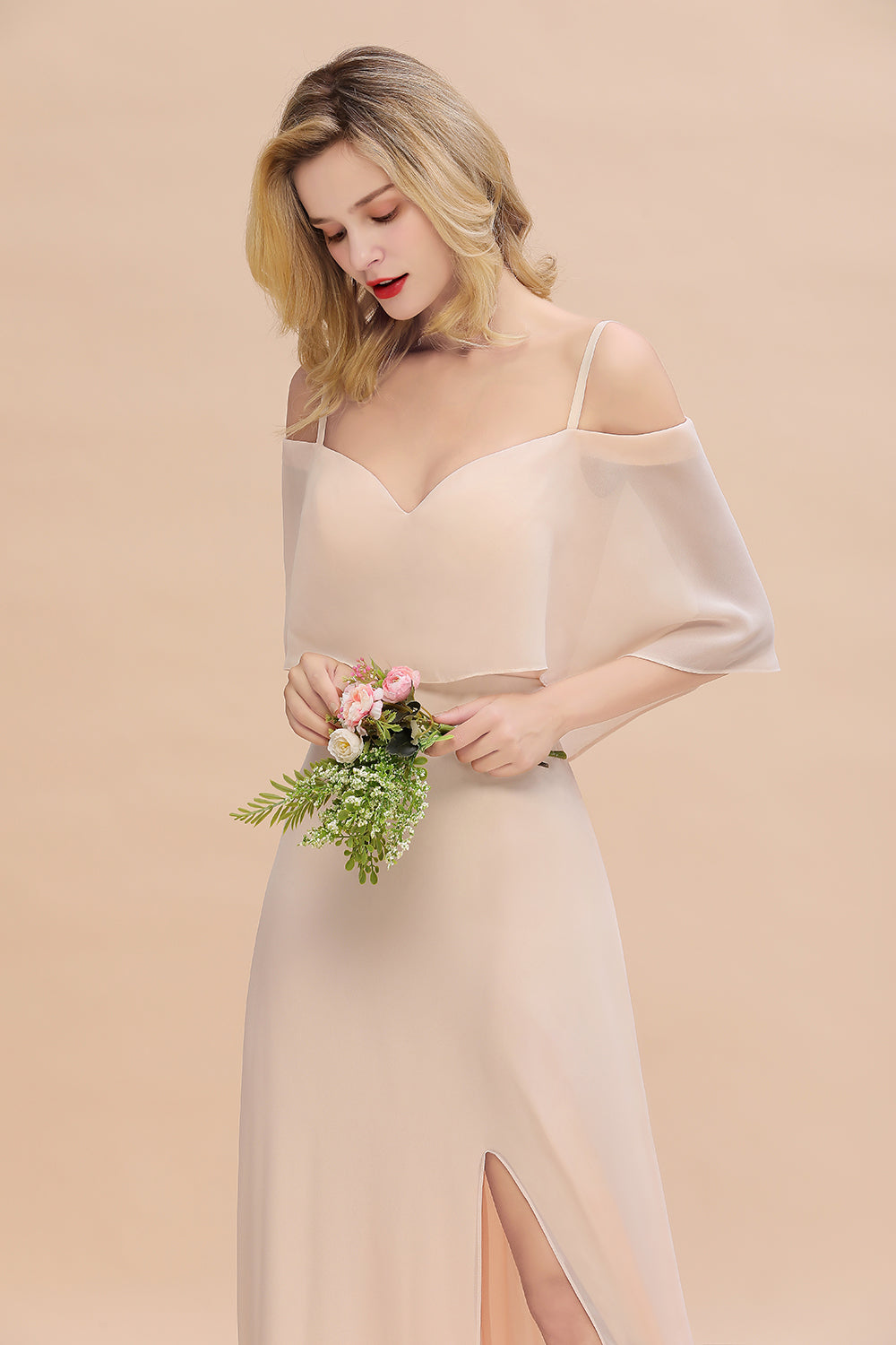 Gorgeous Spaghetti Straps Flounced Crinkle Affordable Bridesmaid Dresses with Slit-Babyonlines