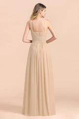 Gorgeous Straps Sleeveless Champagne Chiffon Affordable Bridesmaid Dresses Online with Ruffle-Babyonlines