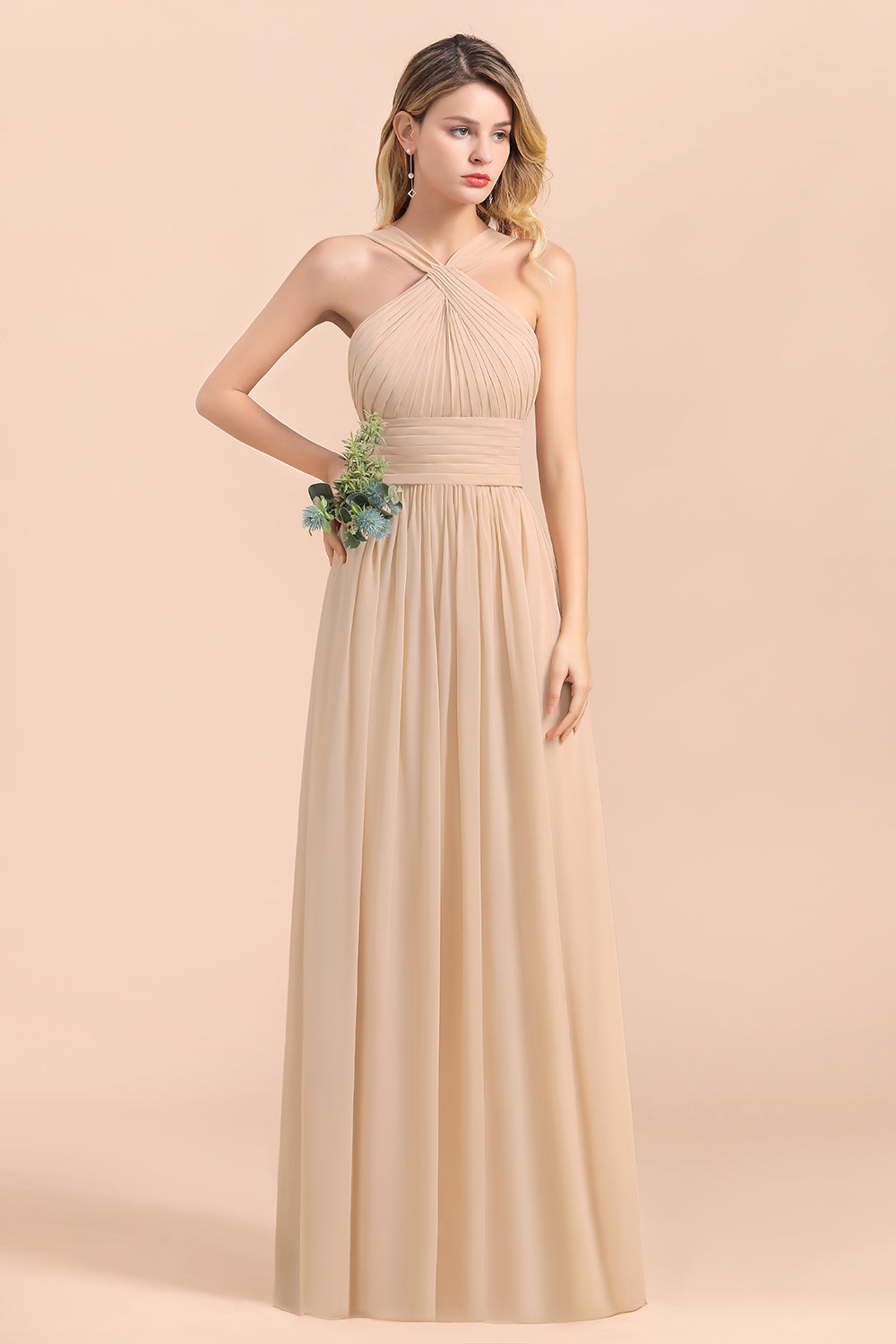 Gorgeous Straps Sleeveless Champagne Chiffon Affordable Bridesmaid Dresses Online with Ruffle-Babyonlines