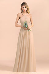 Gorgeous Straps Sleeveless Champagne Chiffon Affordable Bridesmaid Dresses Online with Ruffle-Babyonlines