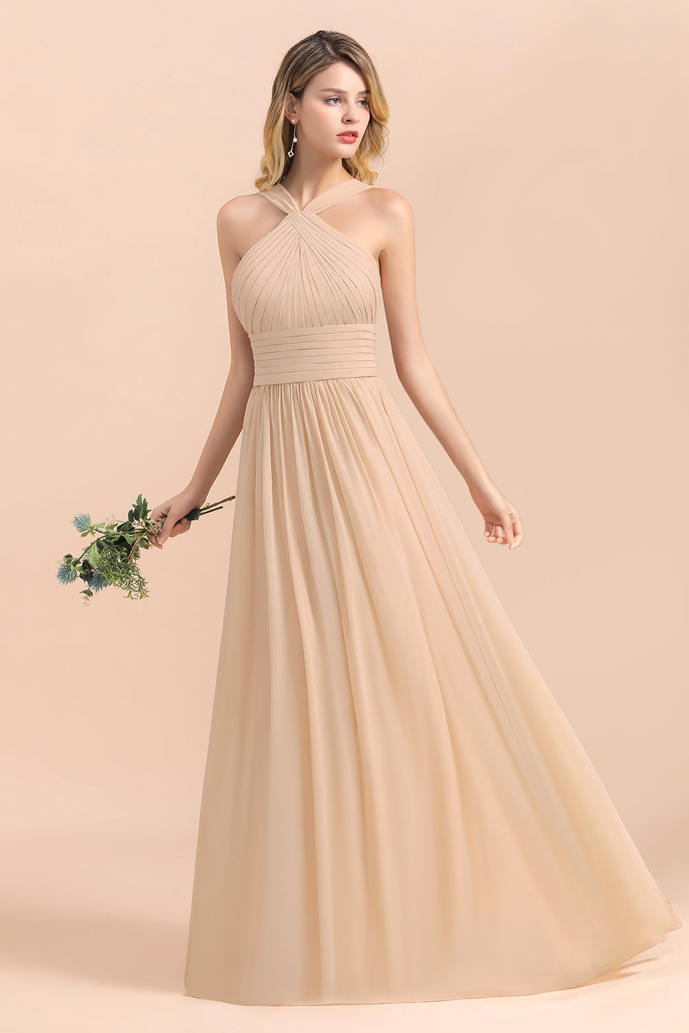 Gorgeous Straps Sleeveless Champagne Chiffon Affordable Bridesmaid Dresses Online with Ruffle-Babyonlines