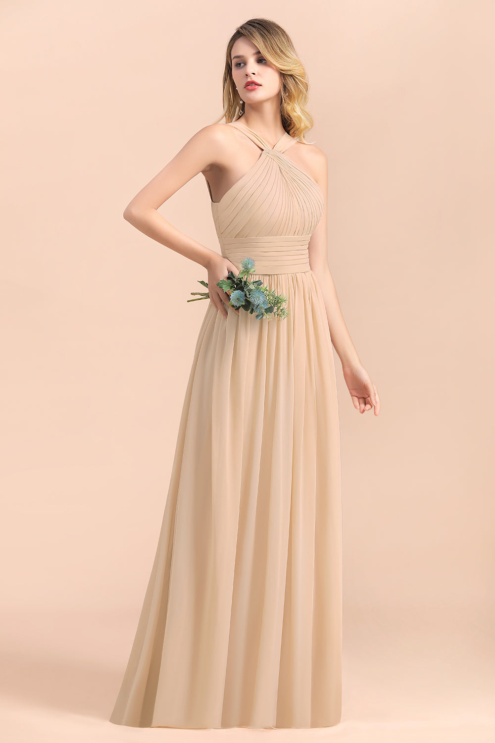 Gorgeous Straps Sleeveless Champagne Chiffon Affordable Bridesmaid Dresses Online with Ruffle-Babyonlines