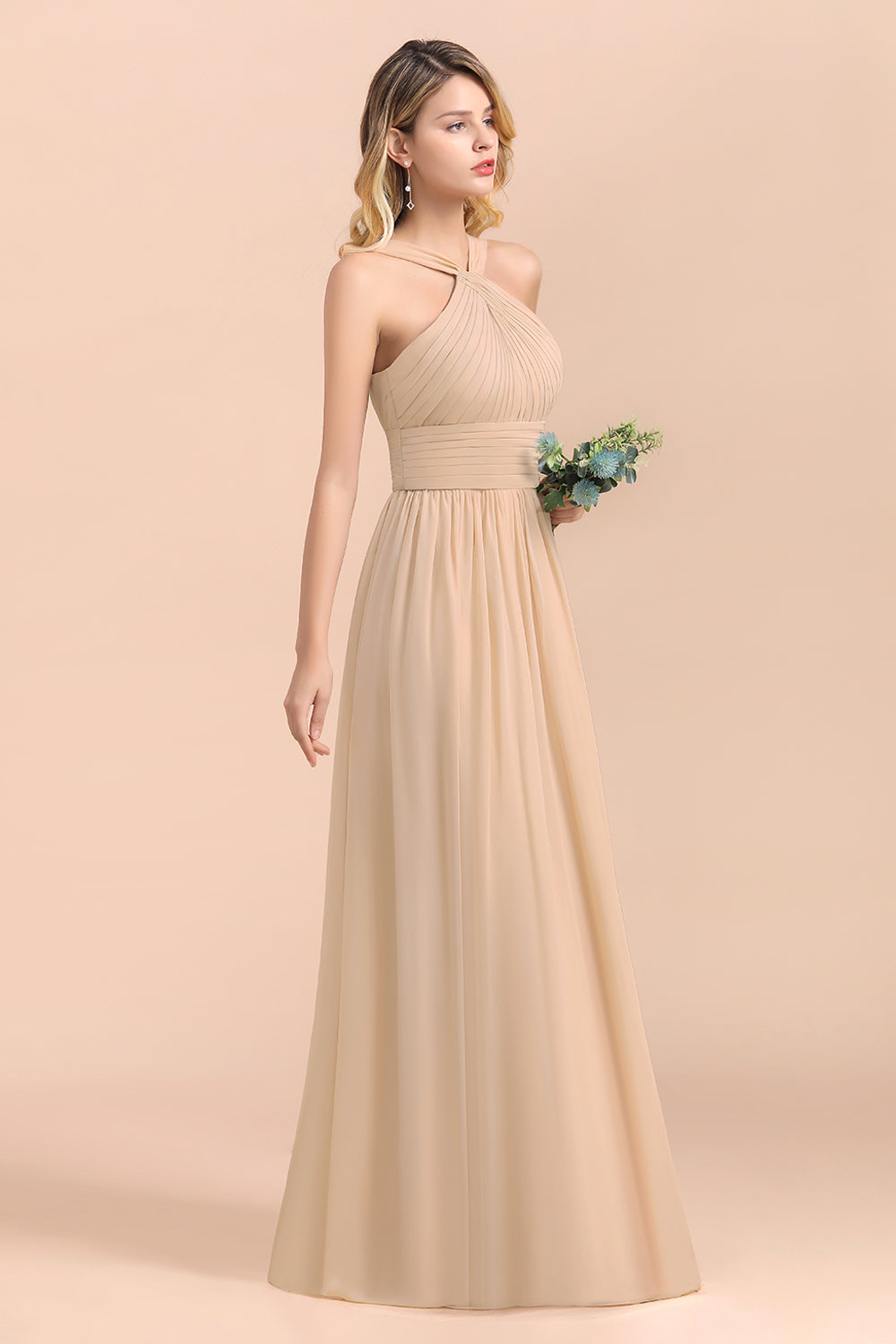 Gorgeous Straps Sleeveless Champagne Chiffon Affordable Bridesmaid Dresses Online with Ruffle-Babyonlines