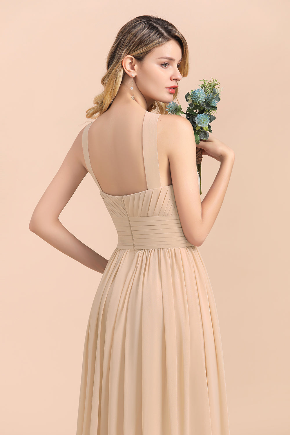 Gorgeous Straps Sleeveless Champagne Chiffon Affordable Bridesmaid Dresses Online with Ruffle-Babyonlines