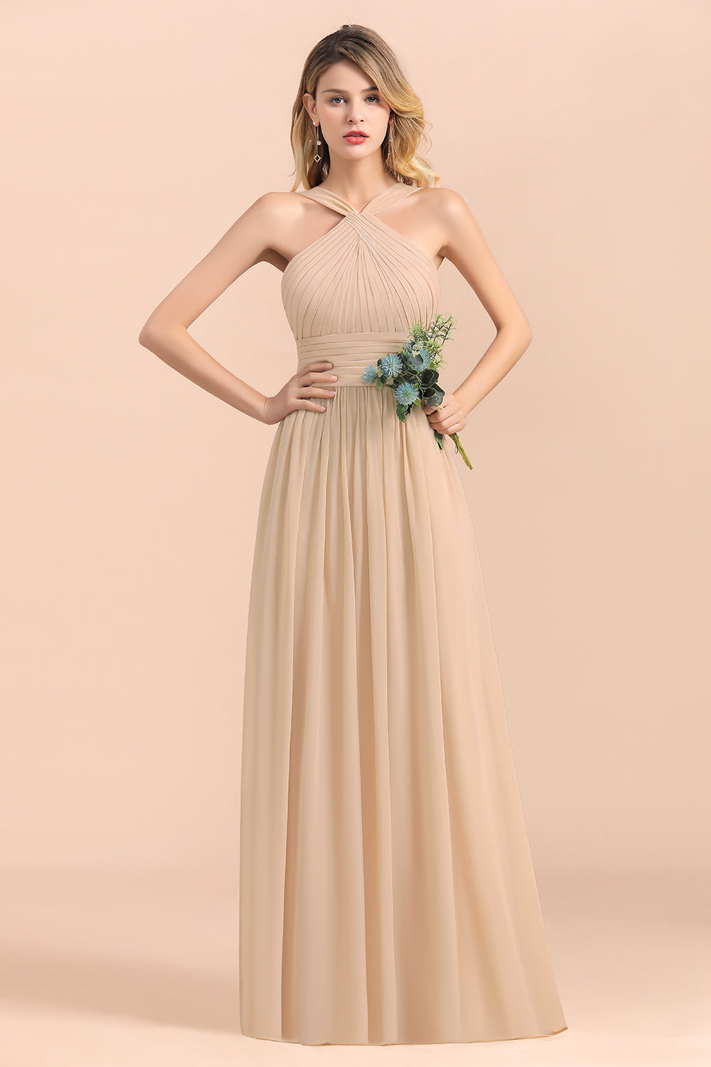 Gorgeous Straps Sleeveless Champagne Chiffon Affordable Bridesmaid Dresses Online with Ruffle-Babyonlines