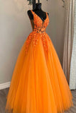 Gorgeous Orange V-Neck Floral Tulle Long Prom Dress