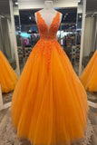 Gorgeous Orange V-Neck Floral Tulle Long Prom Dress