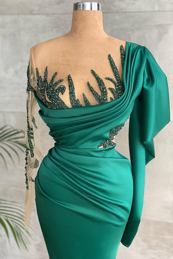 Green Beadings Prom Dress with Pleated Long Sleeves and Ruffles