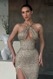 Halter Sleeveless Mermaid Evening Dress Long with Sequins and Split