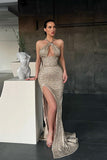 Halter Sleeveless Mermaid Evening Dress Long with Sequins and Split