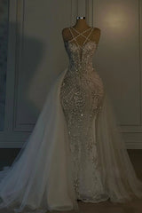 Heavy Mermaid Wedding Dress V-neck Spaghetti Strap Long With Beadings