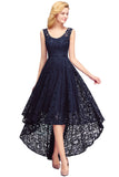 High Low A line U Neck Sleeveless Lace Formal Dress