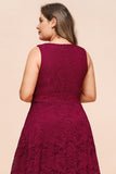 High Low A line V neck Sleeveless Lace Formal Dress