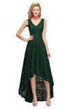 High Low A line V neck Sleeveless Lace Formal Dress