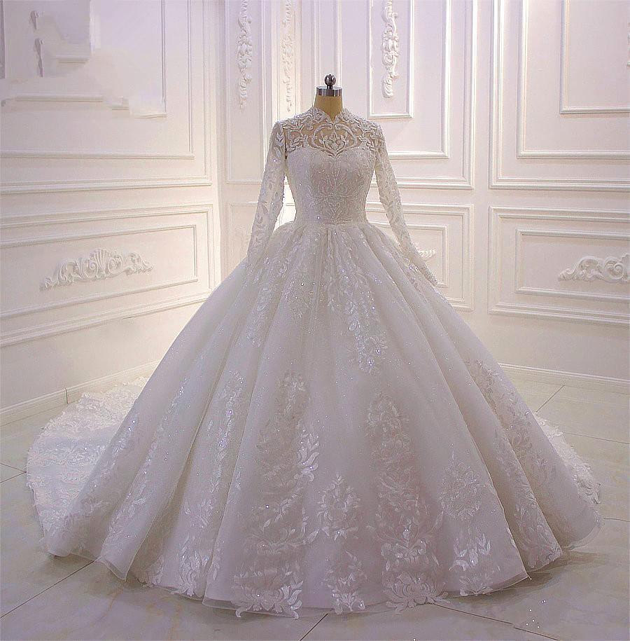 High Neck Long Sleeve Ball Gown Wedding Dress with Lace Ruffles