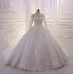 High Neck Long Sleeve Ball Gown Wedding Dress with Lace Ruffles