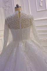 High Neck Long Sleeve Ball Gown Wedding Dress with Lace Ruffles