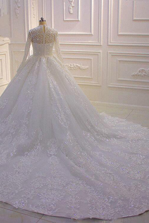 High Neck Long Sleeve Ball Gown Wedding Dress with Lace Ruffles