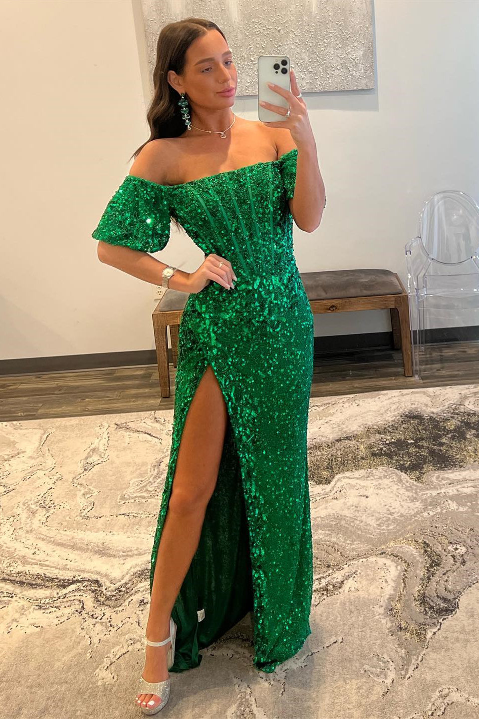 Hunter Green Mermaid Off-the-Shoulder Sequins Long Prom Dress