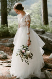 Lace Long Sleeve A-line Sheer Floor Length Wedding Dress With Tulle