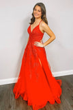 Lace-Up Back V-Neck Red Long Prom Dress with Appliques