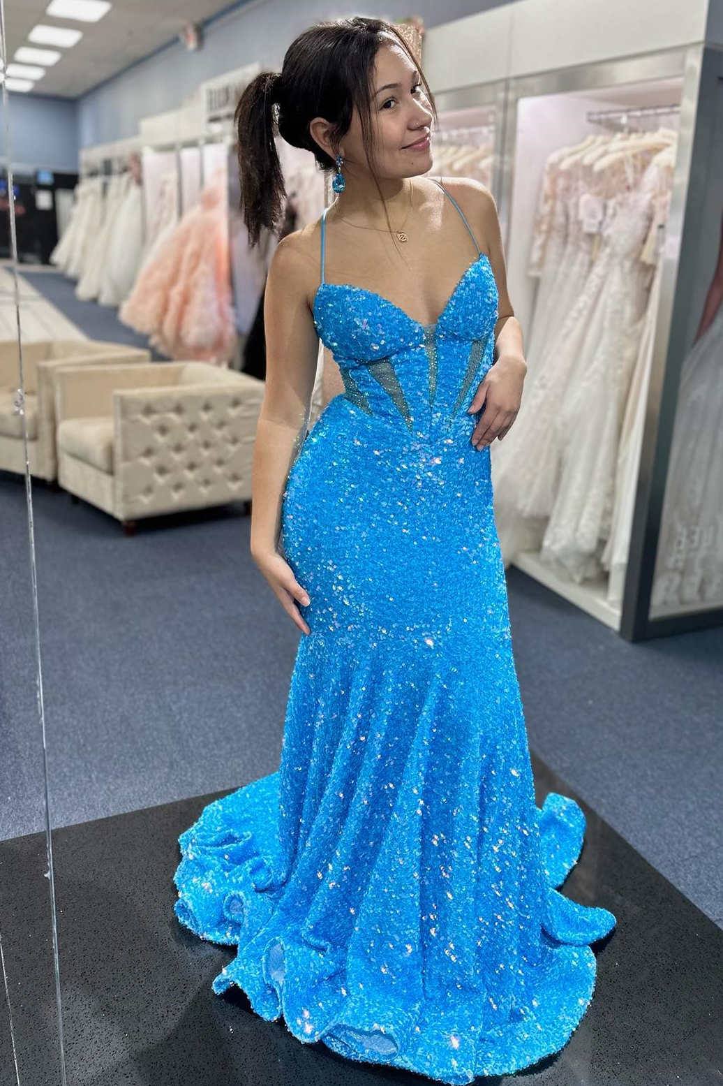 Lace-Up Blue Sequin Mermaid Long Prom Dress