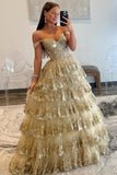 Lace-Up Gold Off the Shoulder Corset Tiered Ball Gown