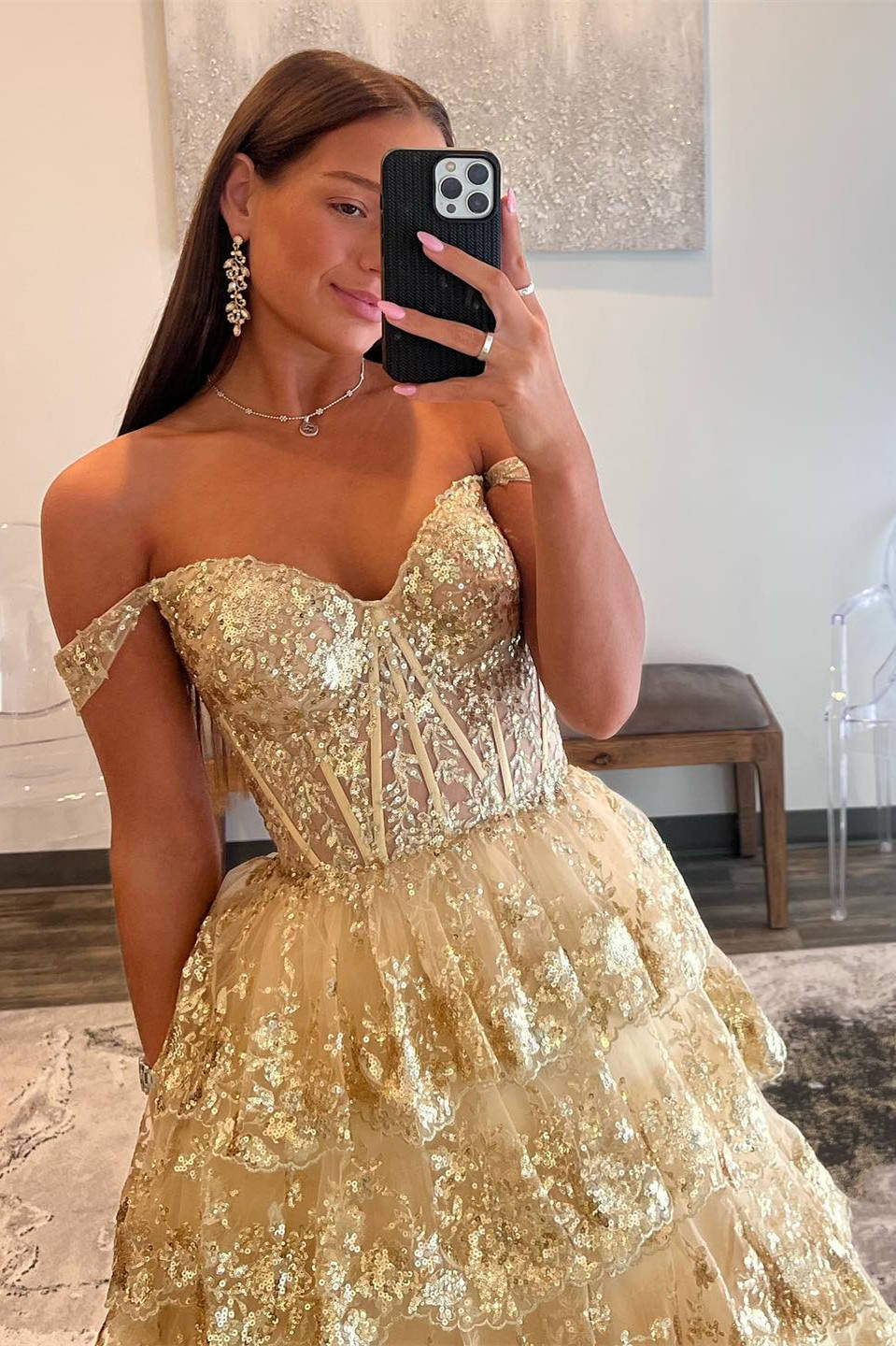 Lace-Up Gold Off the Shoulder Corset Tiered Ball Gown