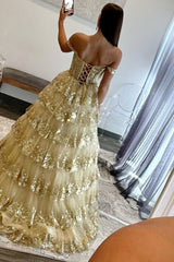 Lace-Up Gold Off the Shoulder Corset Tiered Ball Gown