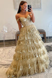 Lace-Up Gold Off the Shoulder Corset Tiered Ball Gown