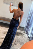 Lace-Up Navy Blue Sequin Mermaid Prom Dress