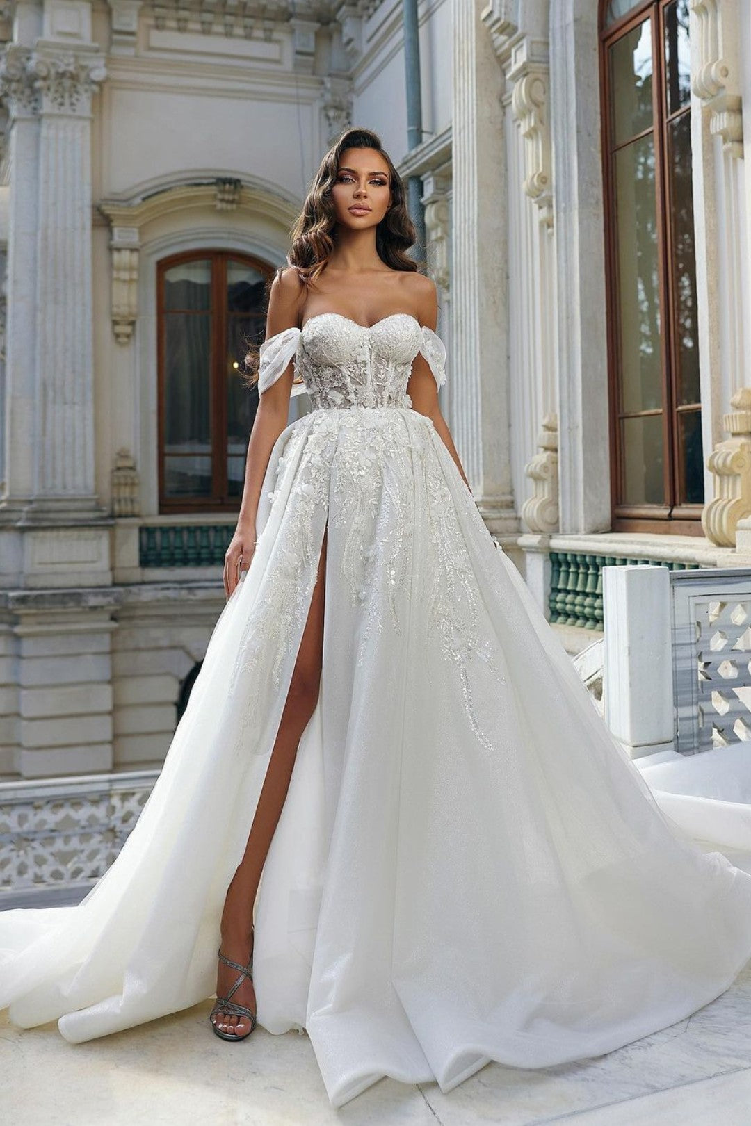 Lace White Sleeveless Off-the-shoulder Wedding Dress With High Slit