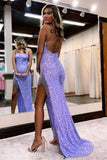 Lavender Evening Dress with Spaghetti Strap and Tassel Slit