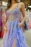 Lavender V-Neck Sequined Appliques Long Prom Dress