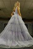 Lavender V-Neck Sequins Tulle Ruffle Prom Dress